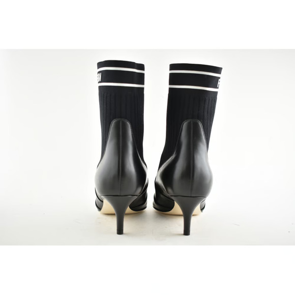 Fendi Rockoko Black Scuba Stretch FF Logo Knit Sock Ankle Kitten Heel Bootie 35 - Picture 9 of 11